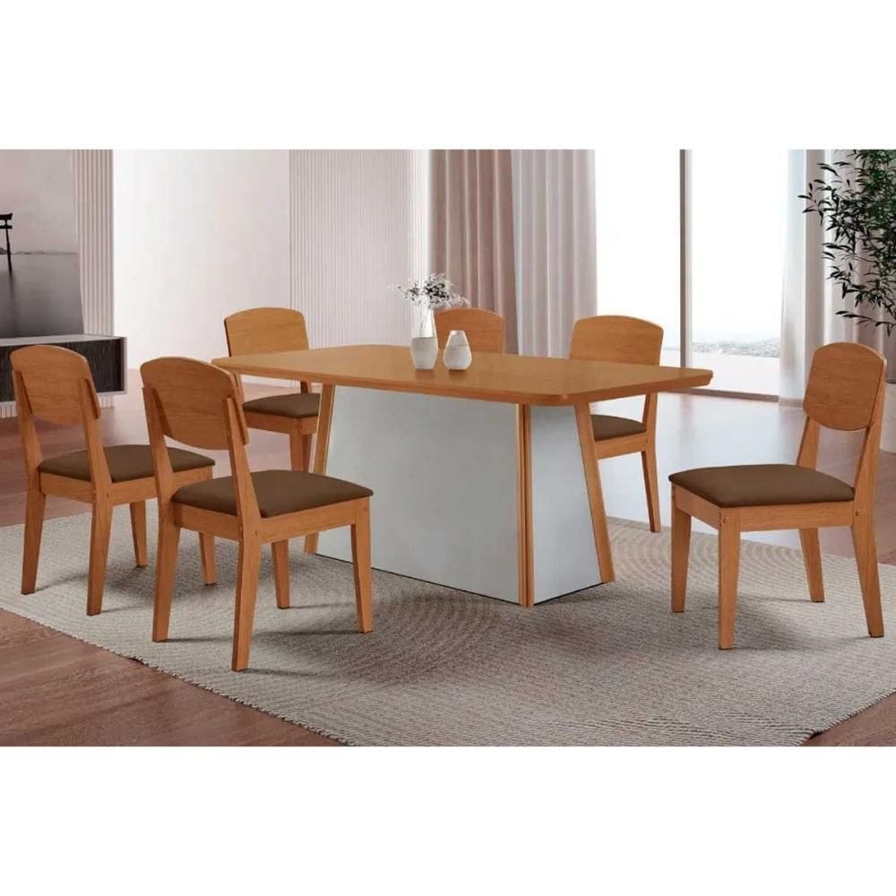 Sala de Jantar Completa Tilia c/ Tampo Madeirado Canto Curvo 180x90cm e 6 Cadeiras Havana Naturale/Off White - Suede Marrom - Rufato
