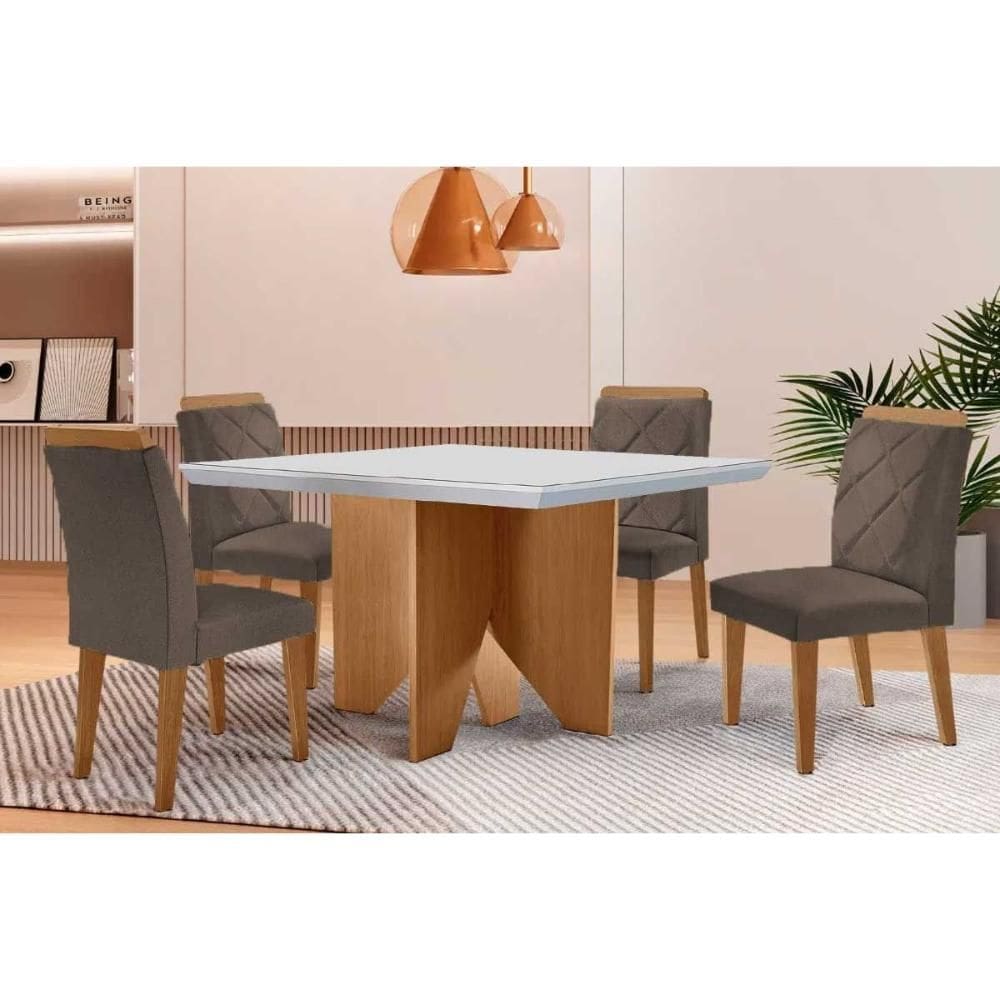 Sala de Jantar Completa Nevada c/ Tampo Madeirado c/ Vidro Canto Curvo 90x90cm e 4 Cadeiras Pietá Naturale/Off White - Linho Capuccino - Rufato