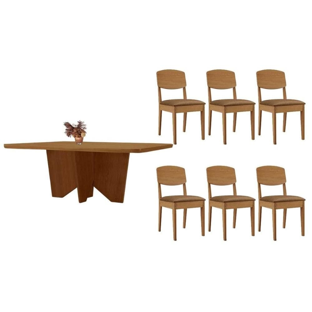 Sala de Jantar Completa Nevada c/ Tampo Madeirado Canto Curvo 180x90cm e 6 Cadeiras Havana Naturale - Suede Capuccino - Rufato