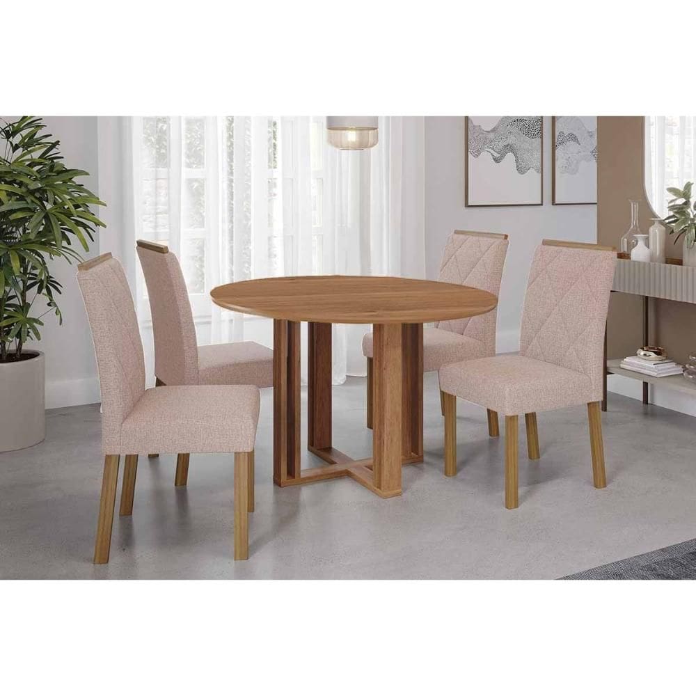 Sala de Jantar Completa Flora Tampo Madeirado 109cm e 4 Cadeiras Fernanda Cinamomo - Carvalho/Linho Bege - Cimol