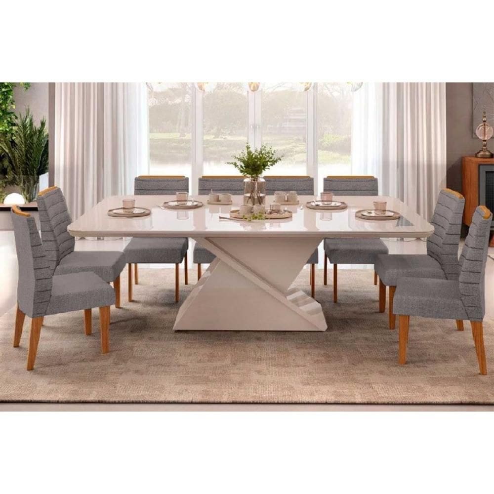 Sala de Jantar Completa Zafira Tampo Madeirado c/ Vidro Curvo 200x100cm e 8 Cadeiras Ondina Off White - Freijo/Suede Lunar - DJ Móveis