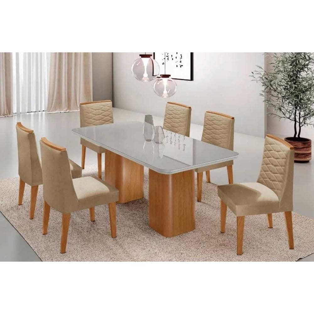 Sala de Jantar Completa Maldivas c/ Tampo Madeirado c/ Vidro Canto Curvo 180x90cm e 6 Cadeiras Maldivas Naturale/Off White - Linho Bege - Rufato