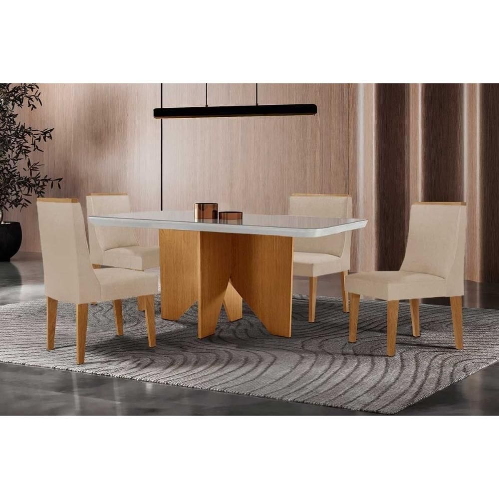 Sala de Jantar Completa Nevada c/ Tampo Madeirado c/ Vidro Canto Curvo 120x80cm e 4 Cadeiras Dakota Naturale/Off White - Suede Creme - Rufato
