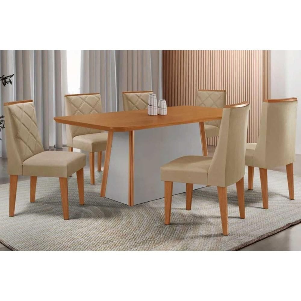 Sala de Jantar Completa Tilia c/ Tampo Madeirado Canto Curvo 180x90cm e 6 Cadeiras Pietá Naturale/Off White - Linho Bege - Rufato