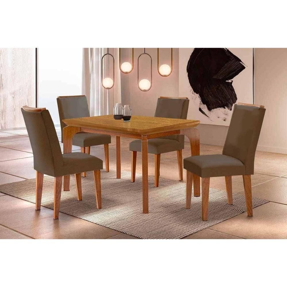 Sala de Jantar Completa Londrina c/ Tampo Madeirado Canto Curvo 120x80cm e 4 Cadeiras Dakota Naturale - Suede Capuccino - Rufato