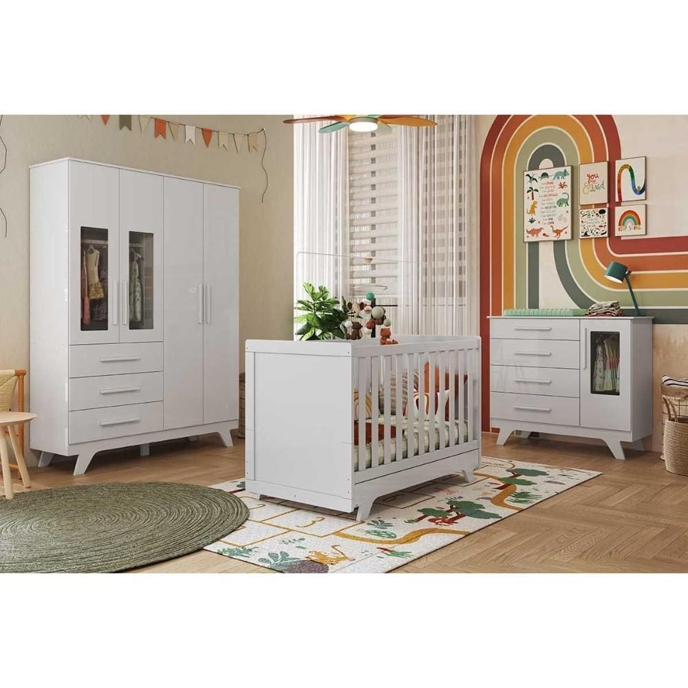 Quarto Infantil Completo Retrô 3 Peças (1GuardaRoupa+1Berço+1Cômoda) QI112 Branco - Peroba
