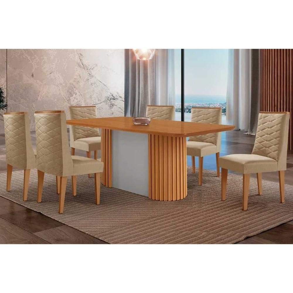 Sala de Jantar Completa Pilar c/ Tampo Madeirado Canto Curvo 180x90cm e 6 Cadeiras Dafne Naturale/Off White - Linho Bege - Rufato