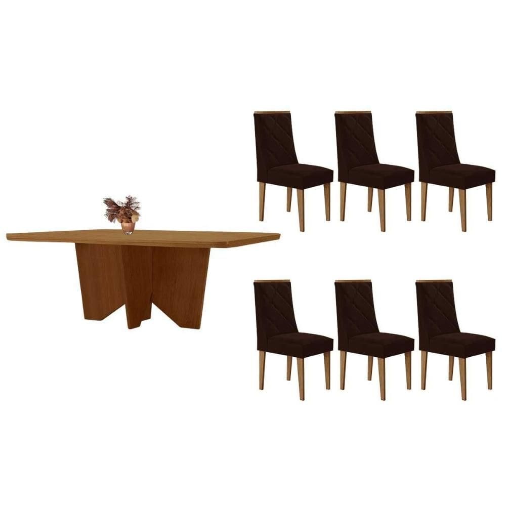 Sala de Jantar Completa Nevada c/ Tampo Madeirado Canto Curvo 180x90cm e 6 Cadeiras Pietá Naturale - Suede Marrom - Rufato