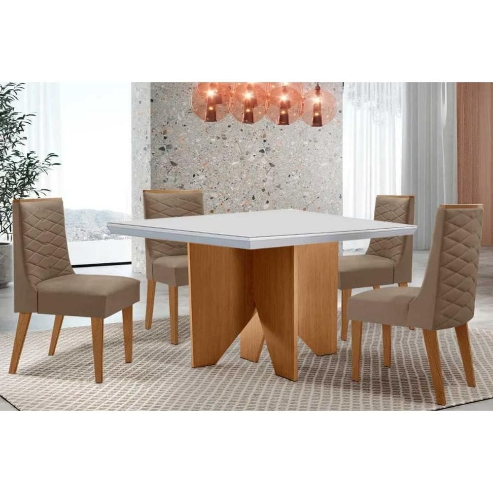 Sala de Jantar Completa Nevada c/ Tampo Madeirado c/ Vidro Canto Curvo 90x90cm e 4 Cadeiras Dafne Naturale/Off White - Suede Capuccino - Rufato