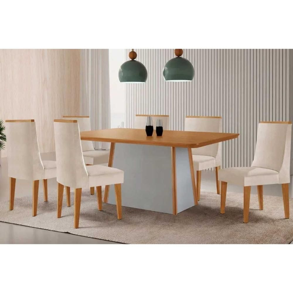 Sala de Jantar Completa Tilia c/ Tampo Madeirado Canto Curvo 180x90cm e 6 Cadeiras Dakota Naturale/Off White - Suede Creme - Rufato