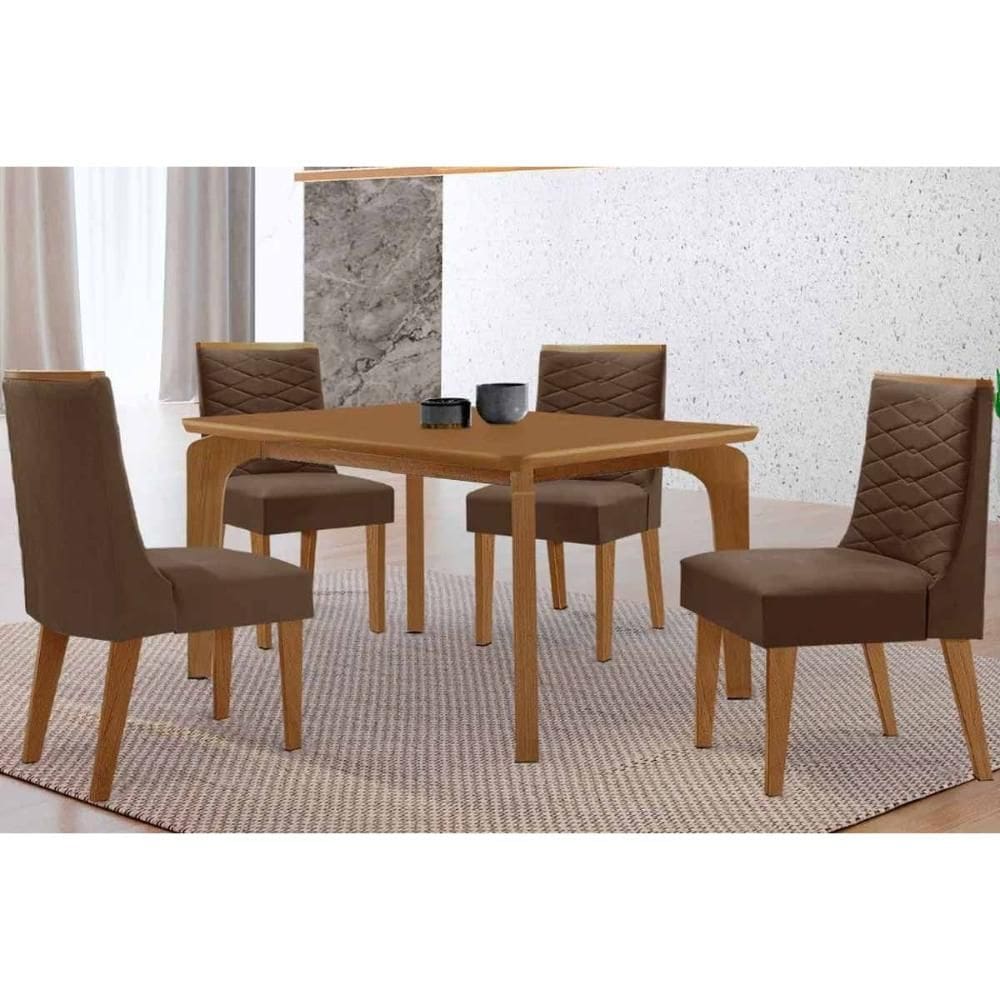 Sala de Jantar Completa Londrina c/ Tampo Madeirado Canto Curvo 120x80cm e 4 Cadeiras Maldivas Naturale - Suede Marrom - Rufato