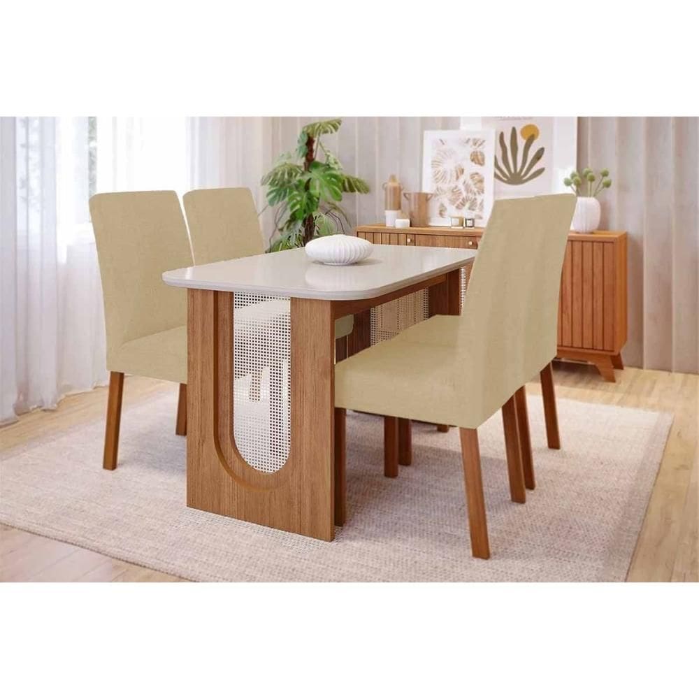 Sala de Jantar Completa Valentina Tampo Madeirado c/ Vidro 130x80cm e 4 Cadeiras Maia Cinamomo/Off White - Nature/Suede Gengibre Bege - Cimol