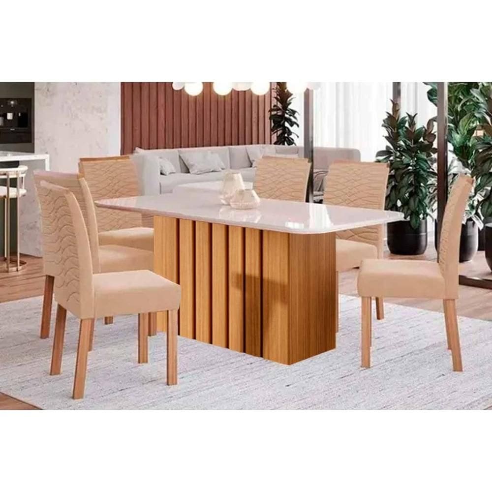 Sala de Jantar Completa Ana Tampo Madeirado c/ Vidro 180x90cm e 6 Cadeiras Clarice Nature/Off White - Carvalho/Linho Bege - Cimol