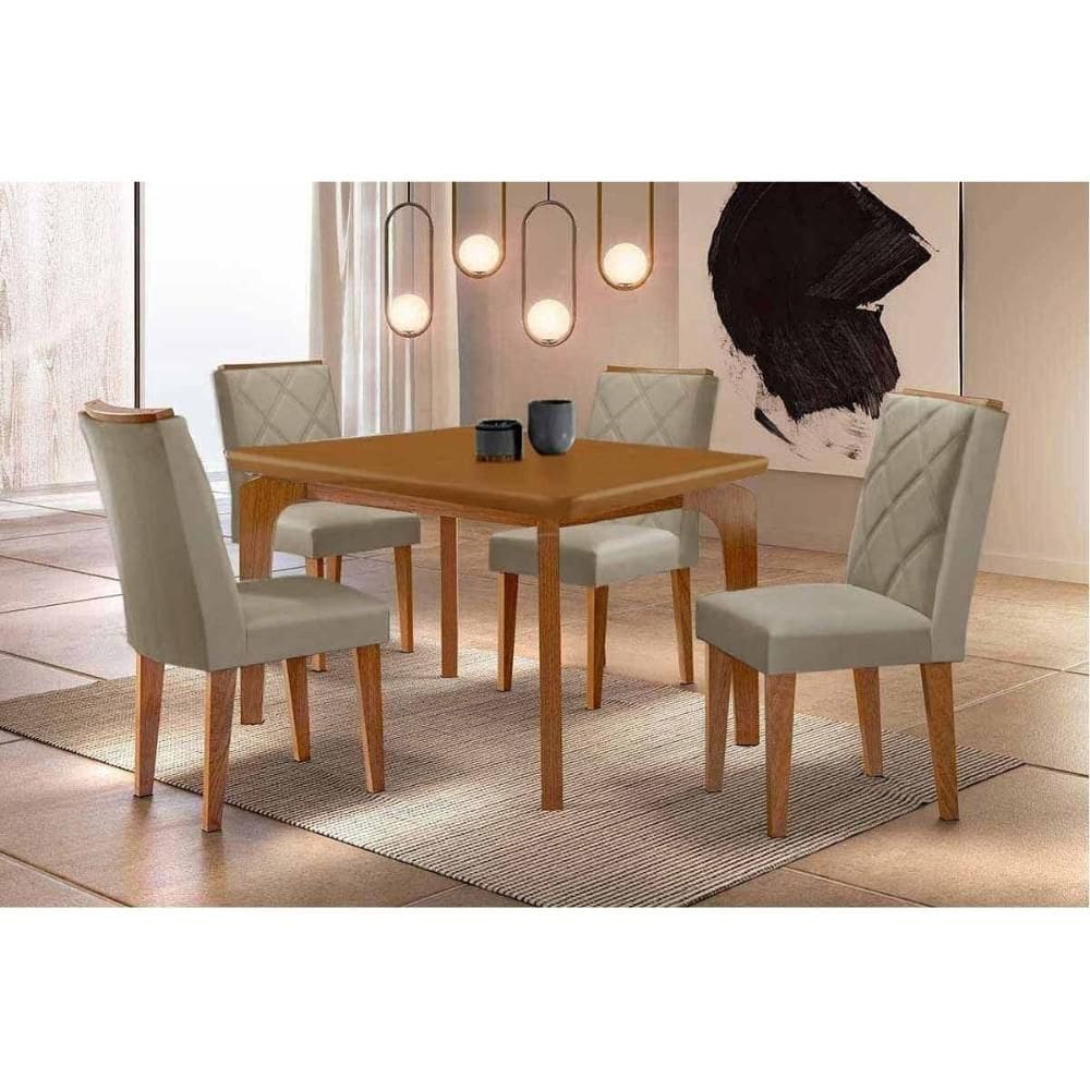Sala de Jantar Completa Londrina c/ Tampo Madeirado Canto Curvo 120x80cm e 4 Cadeiras Pietá Naturale - Suede Capuccino - Rufato