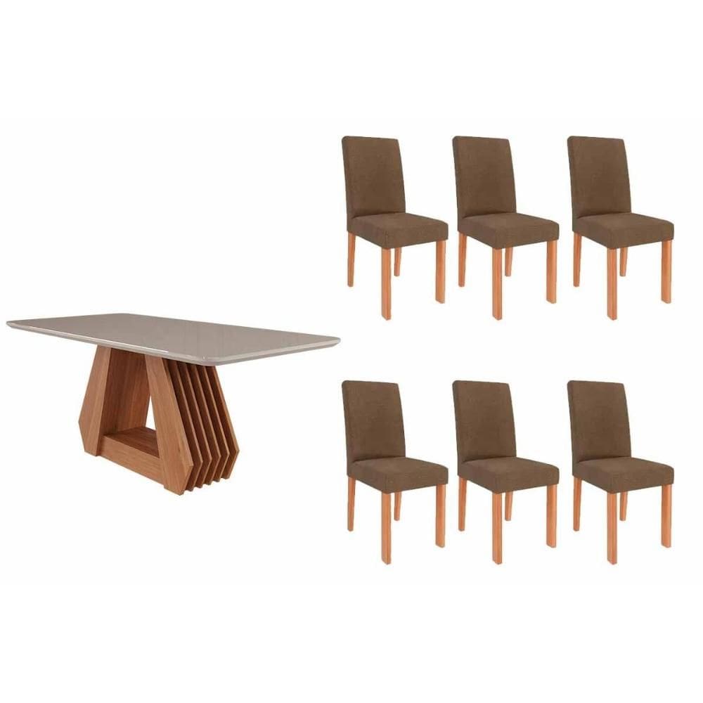 Sala de Jantar Completa Ágata Tampo Madeirado c/ Vidro 180x90cm e 6 Cadeiras Maia Nature/Off White - Cinamomo/Suede Mascavo Chocolate - Cimol