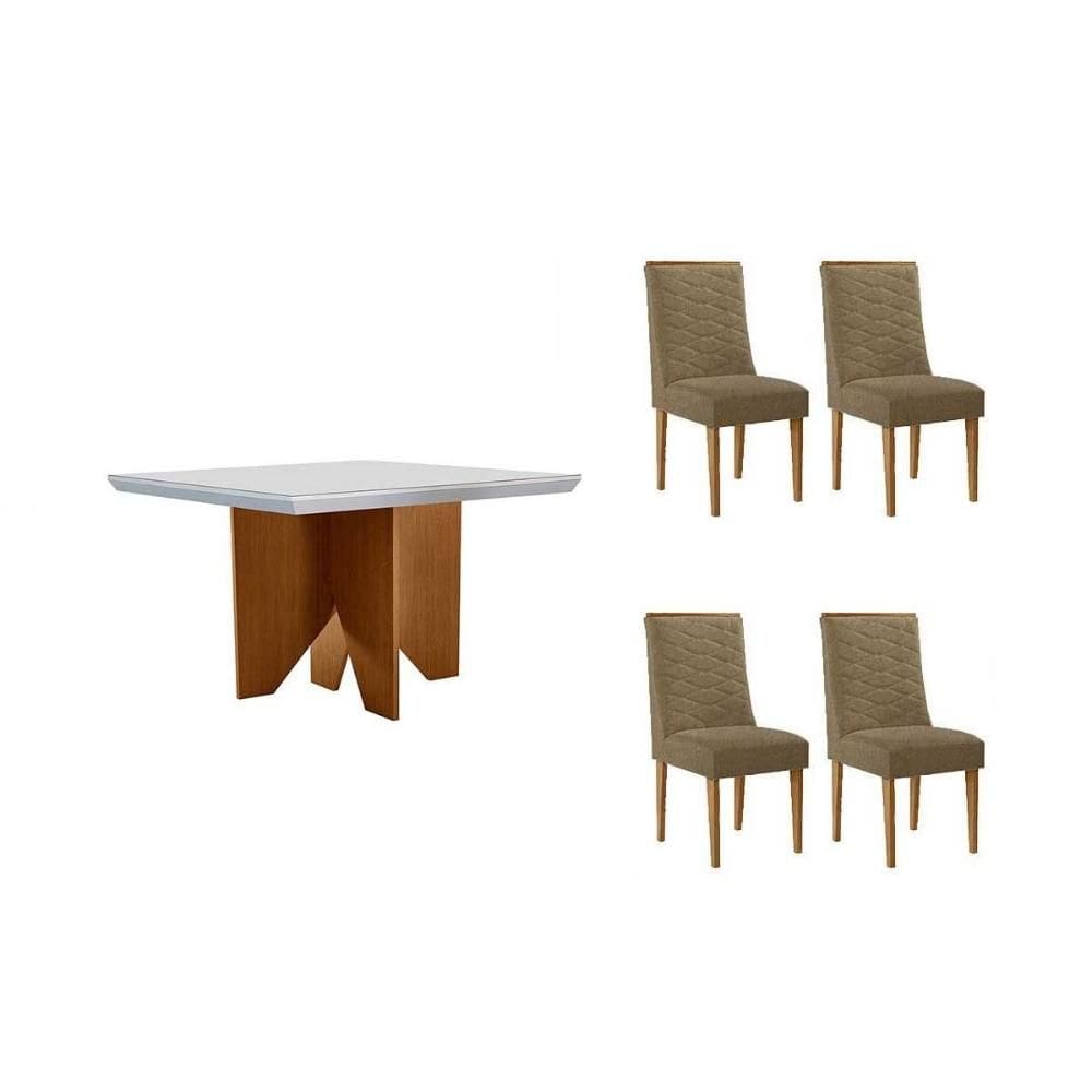 Sala de Jantar Completa Nevada c/ Tampo Madeirado c/ Vidro Canto Curvo 90x90cm e 4 Cadeiras Maldivas Naturale/Off White - Corano Capuccino - Rufato