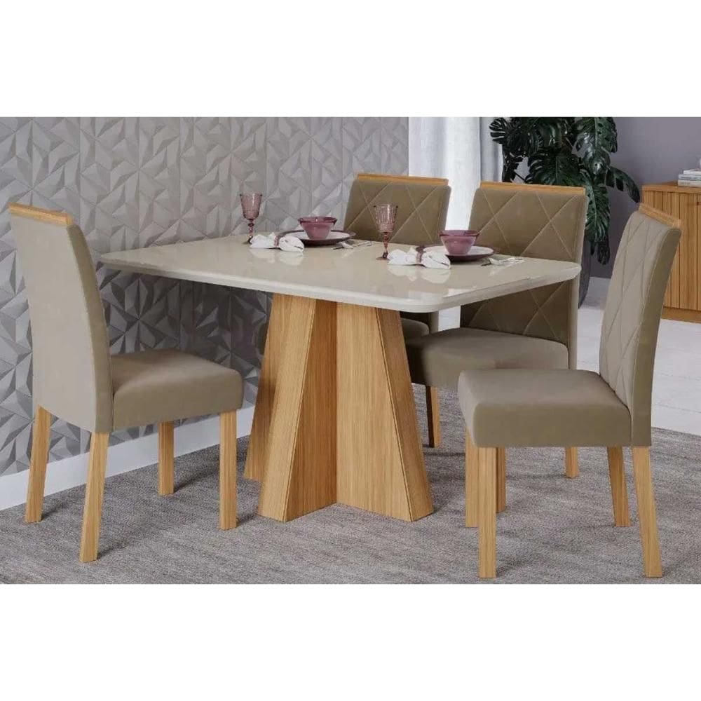 Sala de Jantar Completa Maitê Tampo Madeirado c/ Vidro 130x80cm e 4 Cadeiras Fernanda Nature/Off White - Carvalho/Suede Joli Capuccino - Cimol