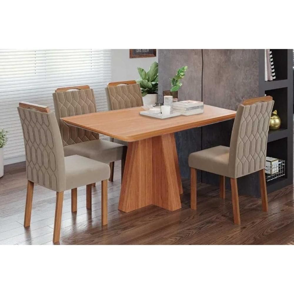 Sala de Jantar Completa Maitê Tampo Madeirado 130x80cm e 4 Cadeiras Paola Cinamomo - Carvalho/Suede Joli Capuccino - Cimol