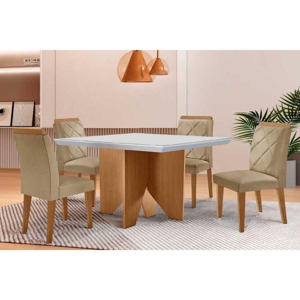 Sala de Jantar Completa Nevada c/ Tampo Madeirado c/ Vidro Canto Curvo 90x90cm e 4 Cadeiras Pietá Naturale/Off White - Linho Bege - Rufato