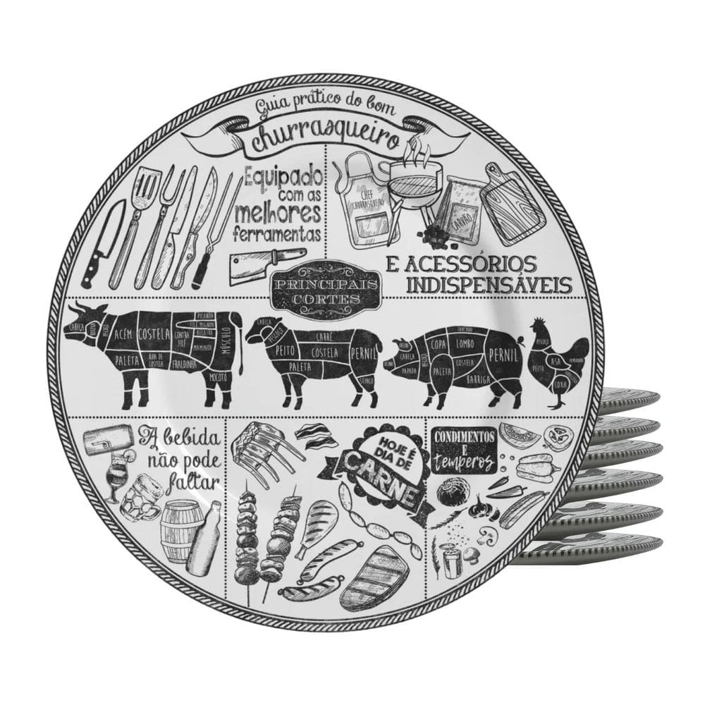 Jogo De Pratos Raso Cerâmica 29Cm Kit 6Pc Churrasco Alleanza