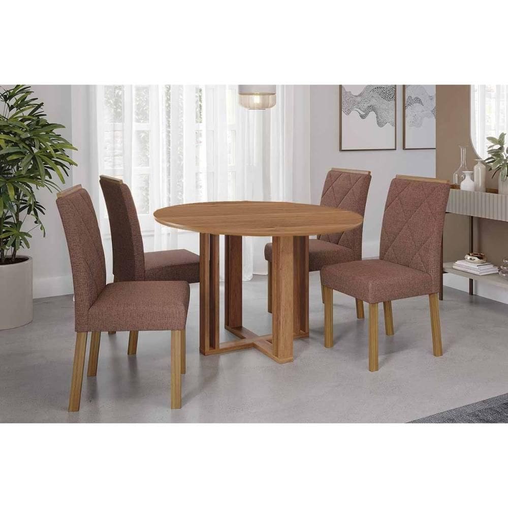 Sala de Jantar Completa Flora Tampo Madeirado 109cm e 4 Cadeiras Fernanda Cinamomo - Carvalho/Suede Joli Capuccino - Cimol