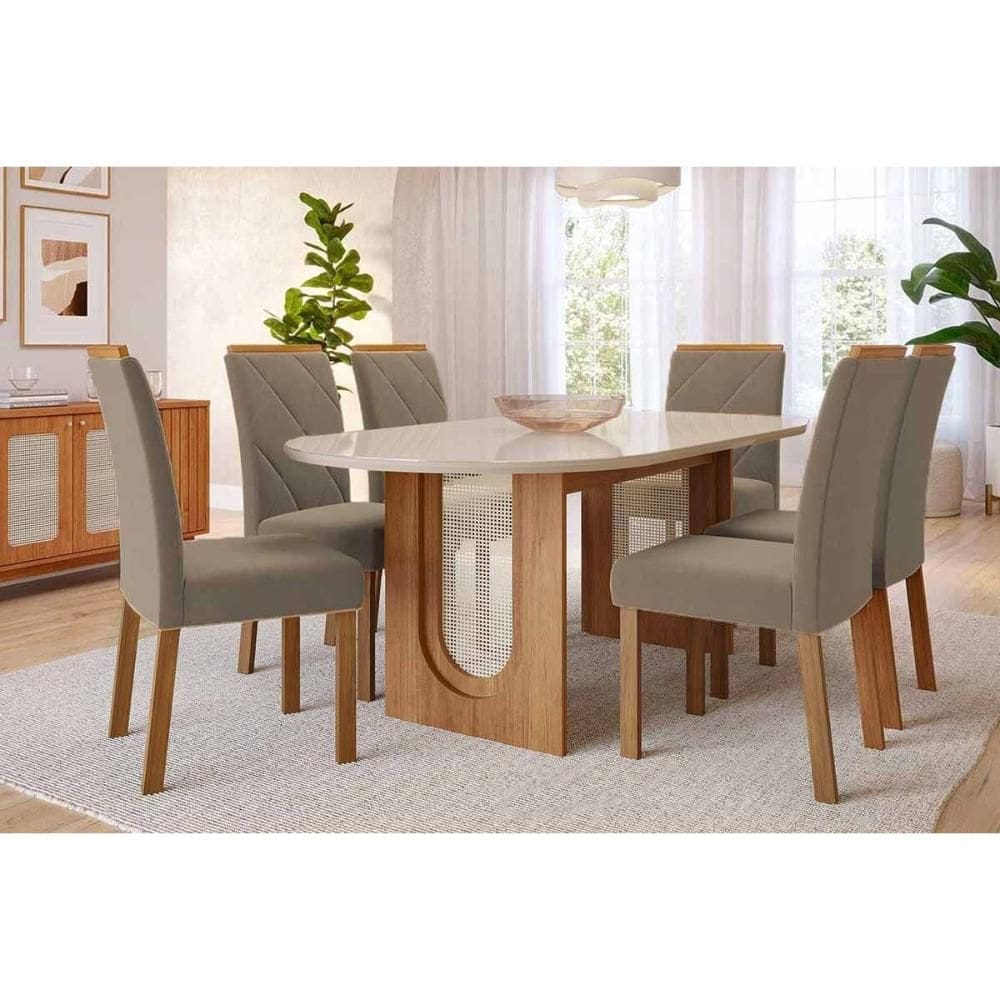 Conjunto Sala de Jantar Valentina Tampo Madeirado Oval c/ Vidro 210x100cm e 6 Cadeiras Fernanda Cinamomo/Off White - Madeirado/Suede Jo-Cimol