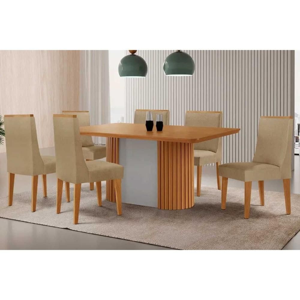 Sala de Jantar Completa Pilar c/ Tampo Madeirado Canto Curvo 180x90cm e 6 Cadeiras Dakota Naturale/Off White - Linho Bege - Rufato
