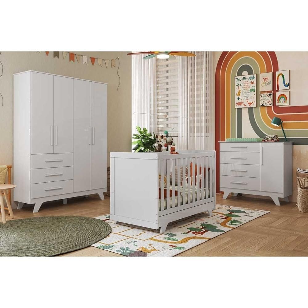 Quarto Infantil Completo Retrô 3 Peças (1GuardaRoupa+1Berço+1Cômoda) QI114 Branco - Peroba