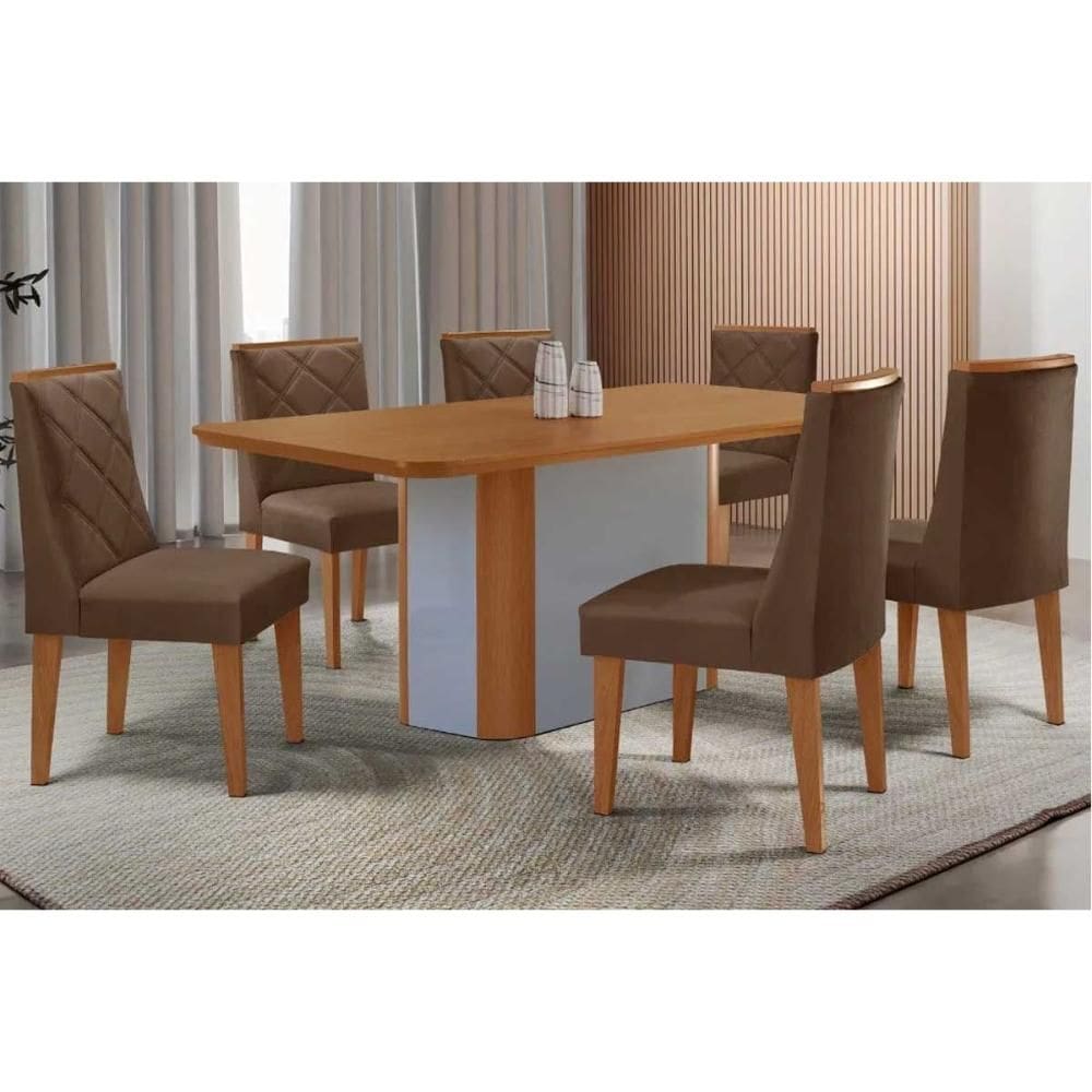 Sala de Jantar Completa Pietá c/ Tampo Madeirado Canto Curvo 180x90cm e 6 Cadeiras Pietá Naturale/Off White - Suede Marrom - Rufato