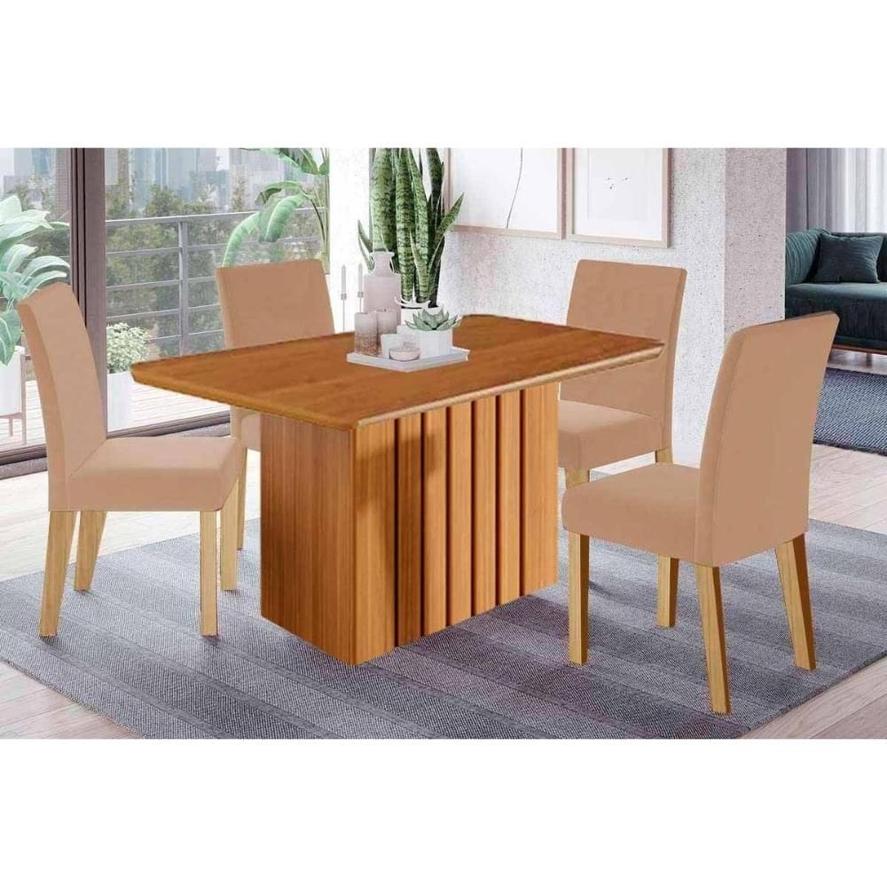 Sala de Jantar Completa Ana Tampo Madeirado 130x80cm e 4 Cadeiras Maia Cinamomo - Nature/Suede Gengibre Bege - Cimol