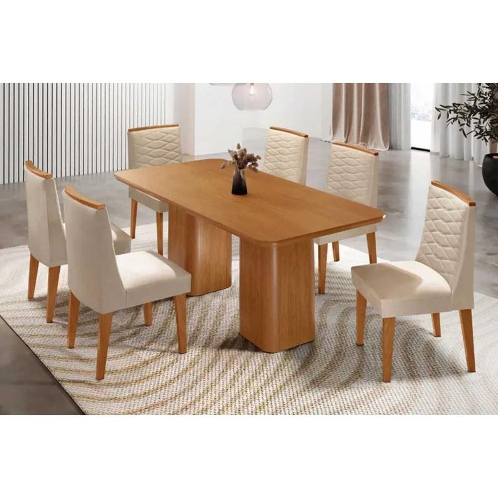 Sala de Jantar Completa Maldivas c/ Tampo Madeirado Canto Curvo 180x90cm e 6 Cadeiras Maldivas Naturale - Suede Creme - Rufato