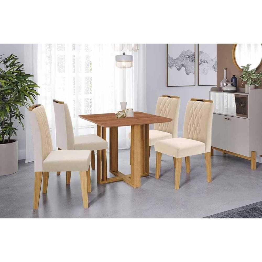 Sala de Jantar Completa Flora Tampo Madeirado 95x95cm e 4 Cadeiras Juliana Cinamomo - Carvalho/Suede Nude Bege - Cimol