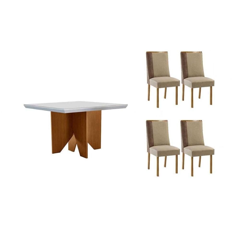 Sala de Jantar Completa Nevada c/ Tampo Madeirado c/ Vidro Canto Curvo 90x90cm e 4 Cadeiras Tilia Naturale/Off White - Suede Creme - Rufato