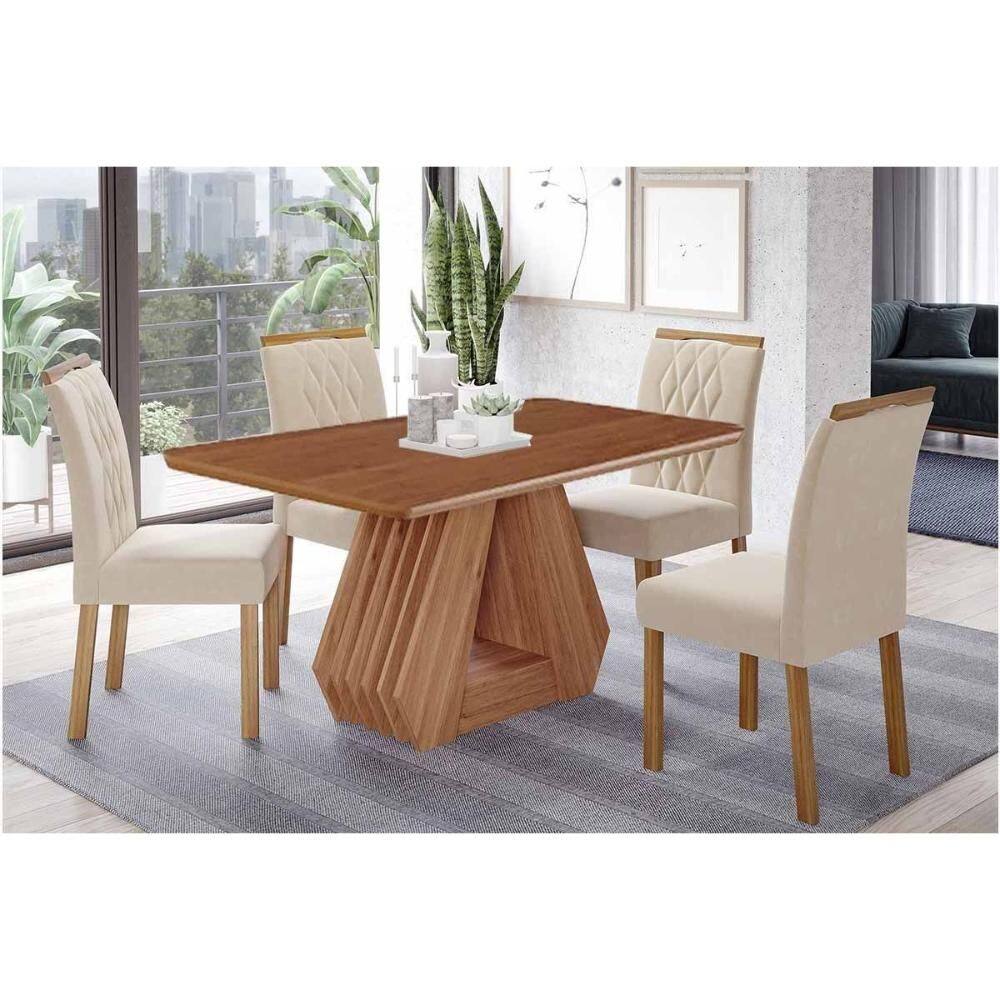 Sala de Jantar Completa Ágata Tampo Madeirado 130x80cm e 4 Cadeiras Juliana Cinamomo/Off White - Carvalho/Suede Nude Bege - Cimol