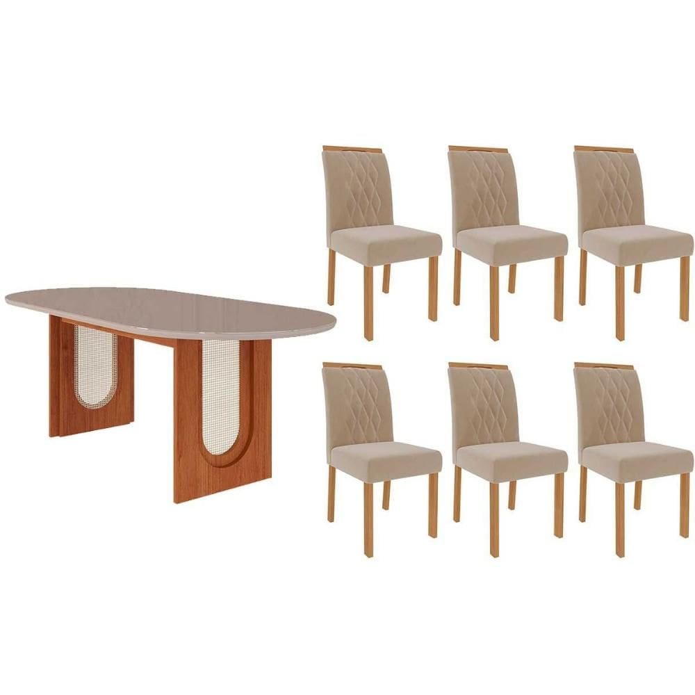 Sala de Jantar Completa Valentina Tampo Madeirado Oval c/ Vidro 210x100cm e 6 Cadeiras Juliana Cinamomo/Off White - Carvalho/Suede Nude Bege - Cimol