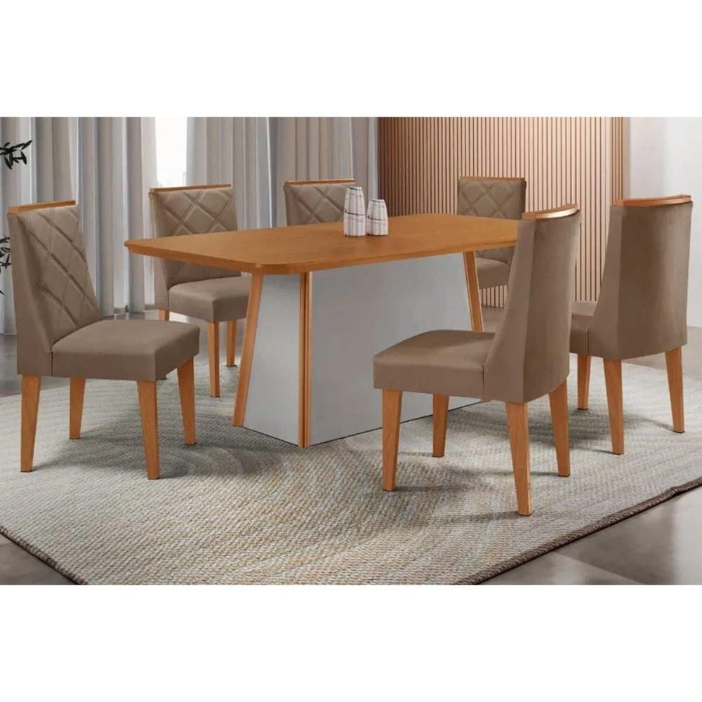 Sala de Jantar Completa Tilia c/ Tampo Madeirado Canto Curvo 180x90cm e 6 Cadeiras Pietá Naturale/Off White - Suede Capuccino - Rufato