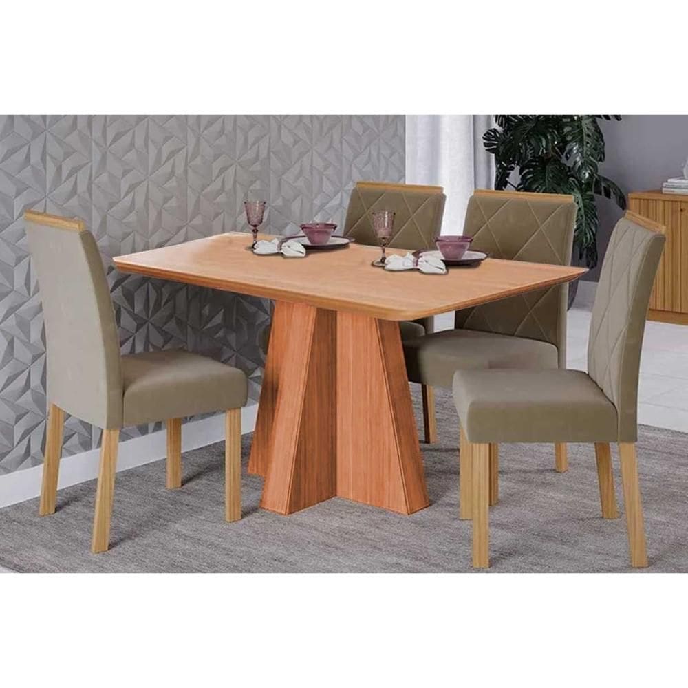 Sala de Jantar Completa Maitê Tampo Madeirado 130x80cm e 4 Cadeiras Fernanda Cinamomo - Carvalho/Suede Joli Capuccino - Cimol