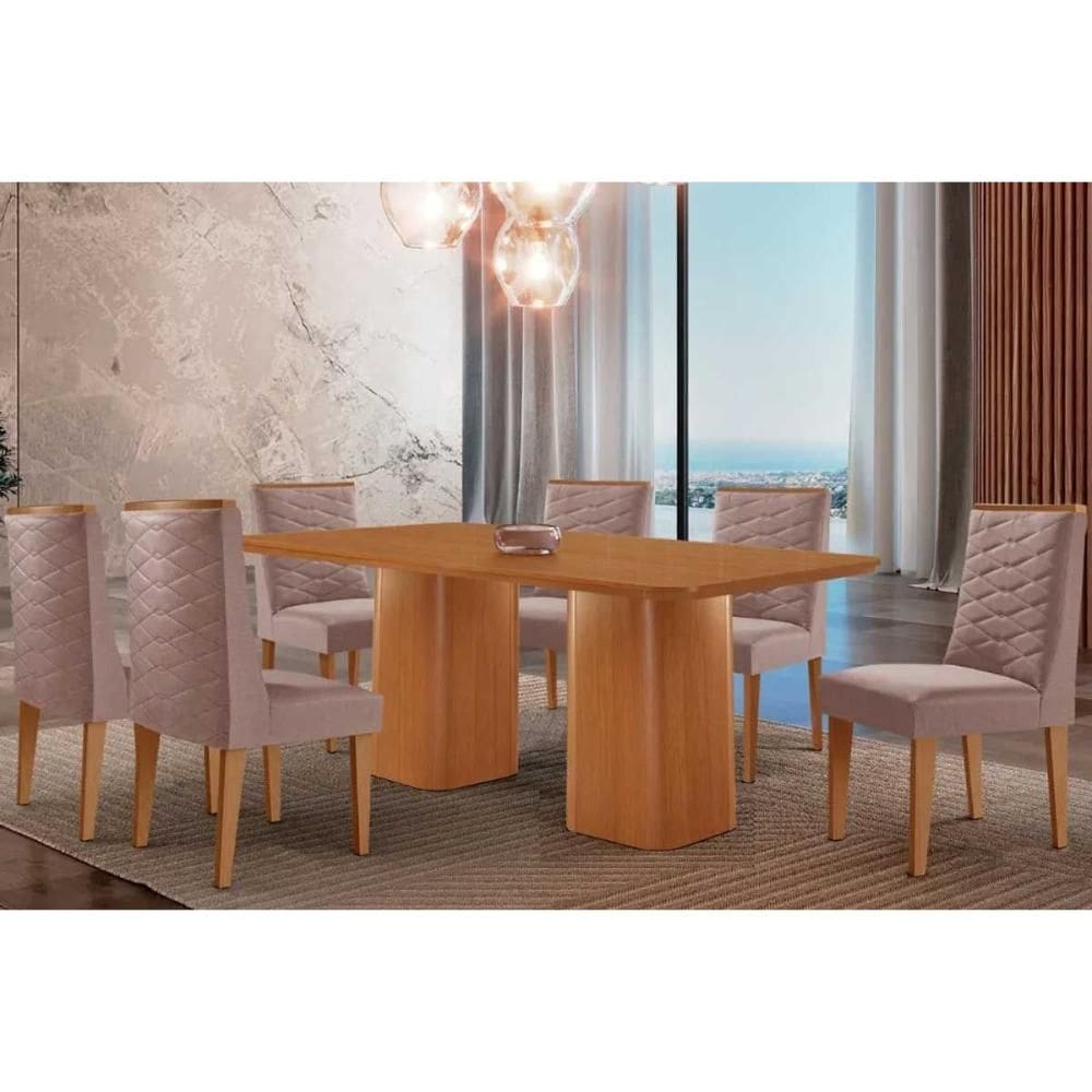Sala de Jantar Completa Maldivas c/ Tampo Madeirado Canto Curvo 180x90cm e 6 Cadeiras Dafne Naturale - Linho Capuccino - Rufato