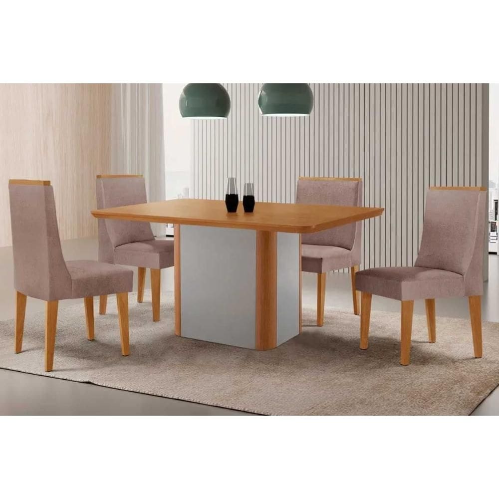 Sala de Jantar Completa Pietá c/ Tampo Madeirado Canto Curvo 120x80cm e 4 Cadeiras Dakota Naturale/Off White - Linho Capuccino - Rufato