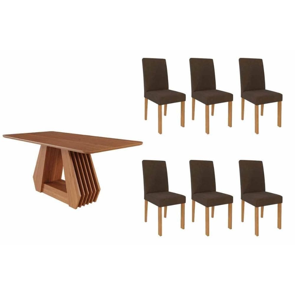 Sala de Jantar Completa Ágata Tampo Madeirado 180x90cm e 6 Cadeiras Maia Cinamomo - Nature/Suede Mascavo Chocolate - Cimol