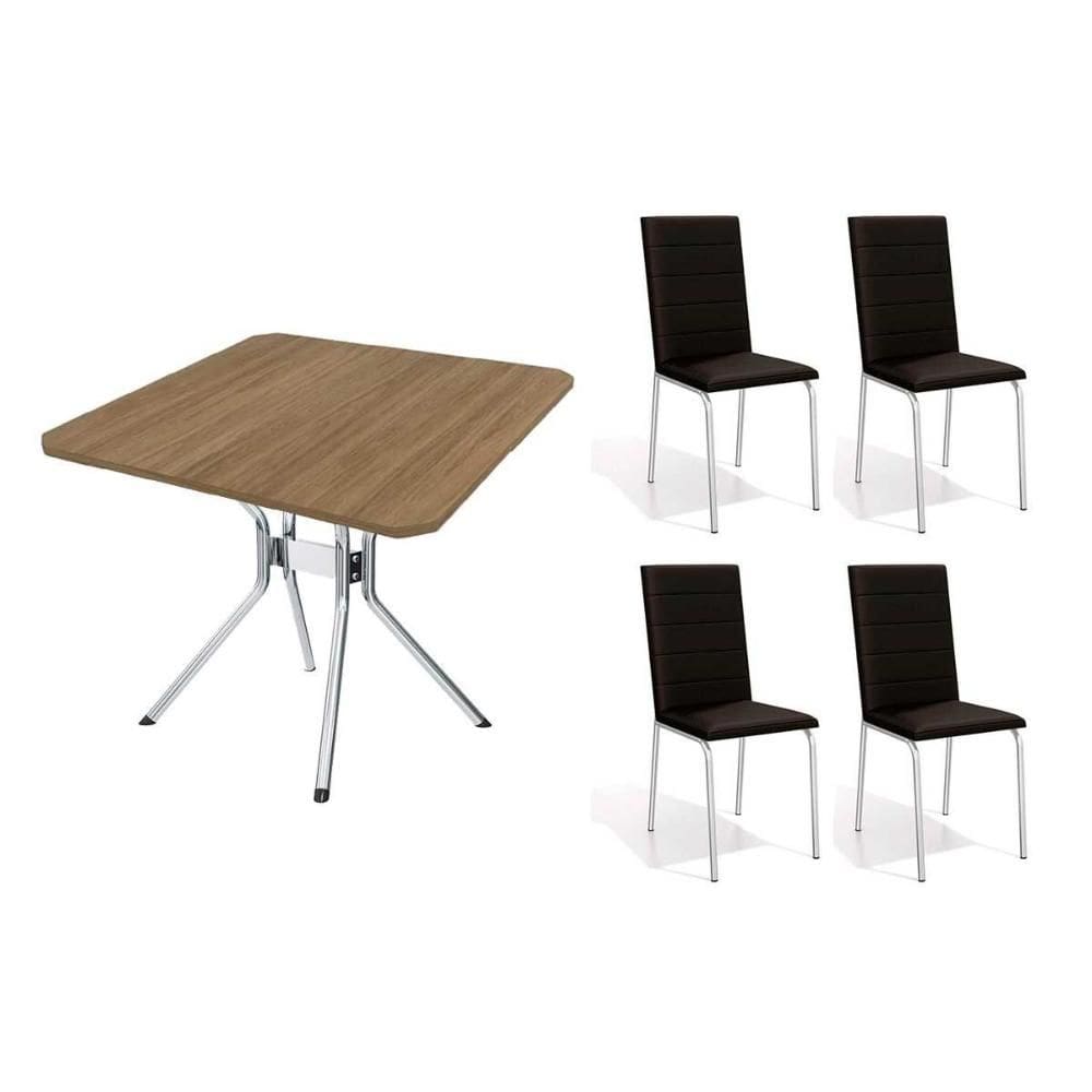 Sala de Jantar Completa Loire c/ Tampo de Madeira 90cm + 4 Cadeiras Amsterdã Cromada - Corano Preto - Kappesberg