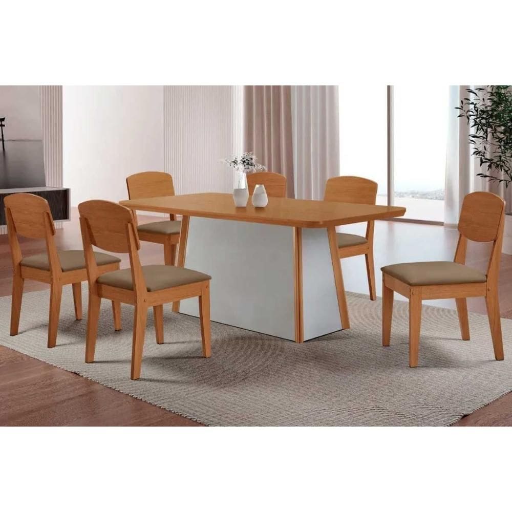 Sala de Jantar Completa Tilia c/ Tampo Madeirado Canto Curvo 180x90cm e 6 Cadeiras Havana Naturale/Off White - Suede Capuccino - Rufato