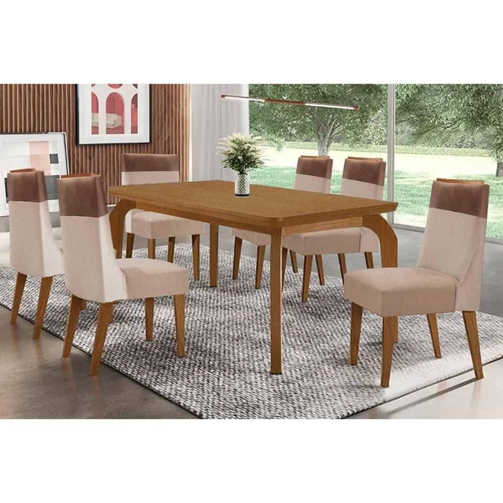 Sala de Jantar Completa Londrina c/ Tampo Madeirado Canto Curvo 180x90cm e 6 Cadeiras Jaspe Naturale - Suede Creme - Rufato