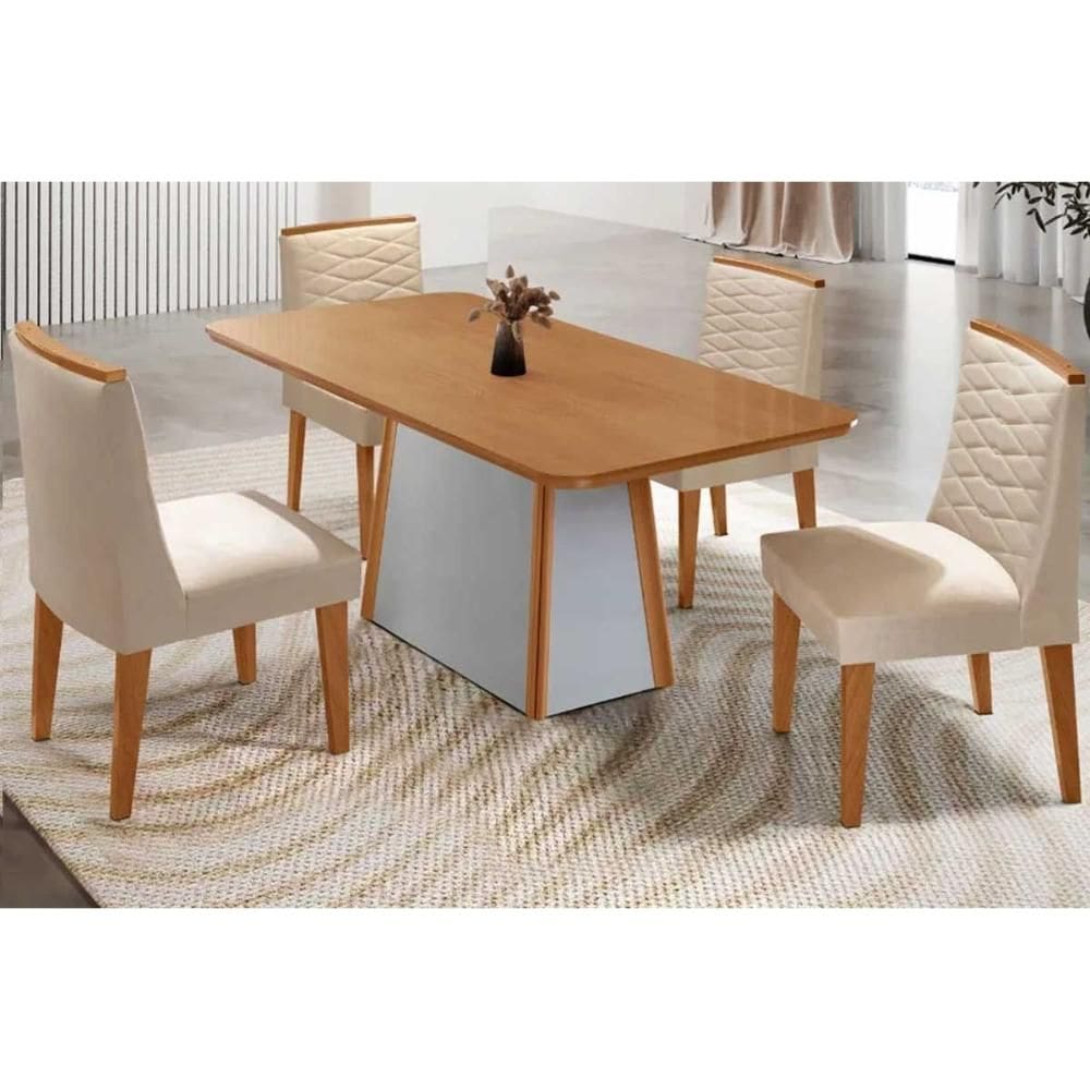 Sala de Jantar Completa Tilia c/ Tampo Madeirado Canto Curvo 120x80cm e 4 Cadeiras Maldivas Naturale/Off White - Suede Creme - Rufato