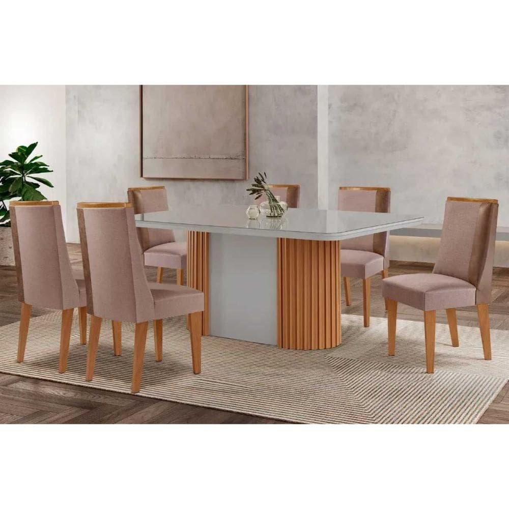 Conjunto Sala de Jantar Pilar c/ Tampo Madeirado c/ Vidro Canto Curvo 180x90cm e 6 Cadeiras Tilia Madeira Maciça Naturale/Off White - Capuccino/Linho