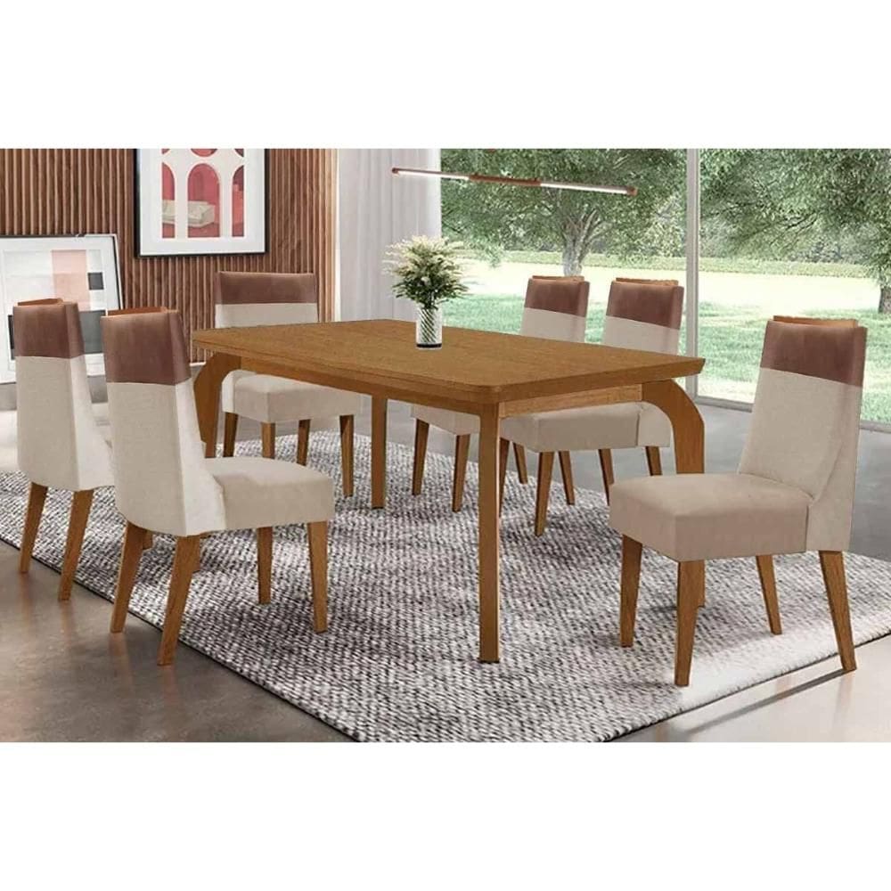 Sala de Jantar Completa Londrina c/ Tampo Madeirado Canto Curvo 180x90cm e 6 Cadeiras Jaspe Naturale - Linho Bege - Rufato