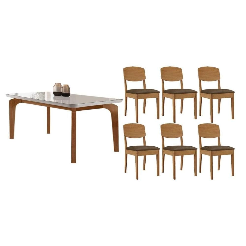Sala de Jantar Completa Londrina c/ Tampo Madeirado c/ Vidro Canto Curvo 180x90cm e 6 Cadeiras Havana Naturale/Off White - Suede Marrom - Rufato