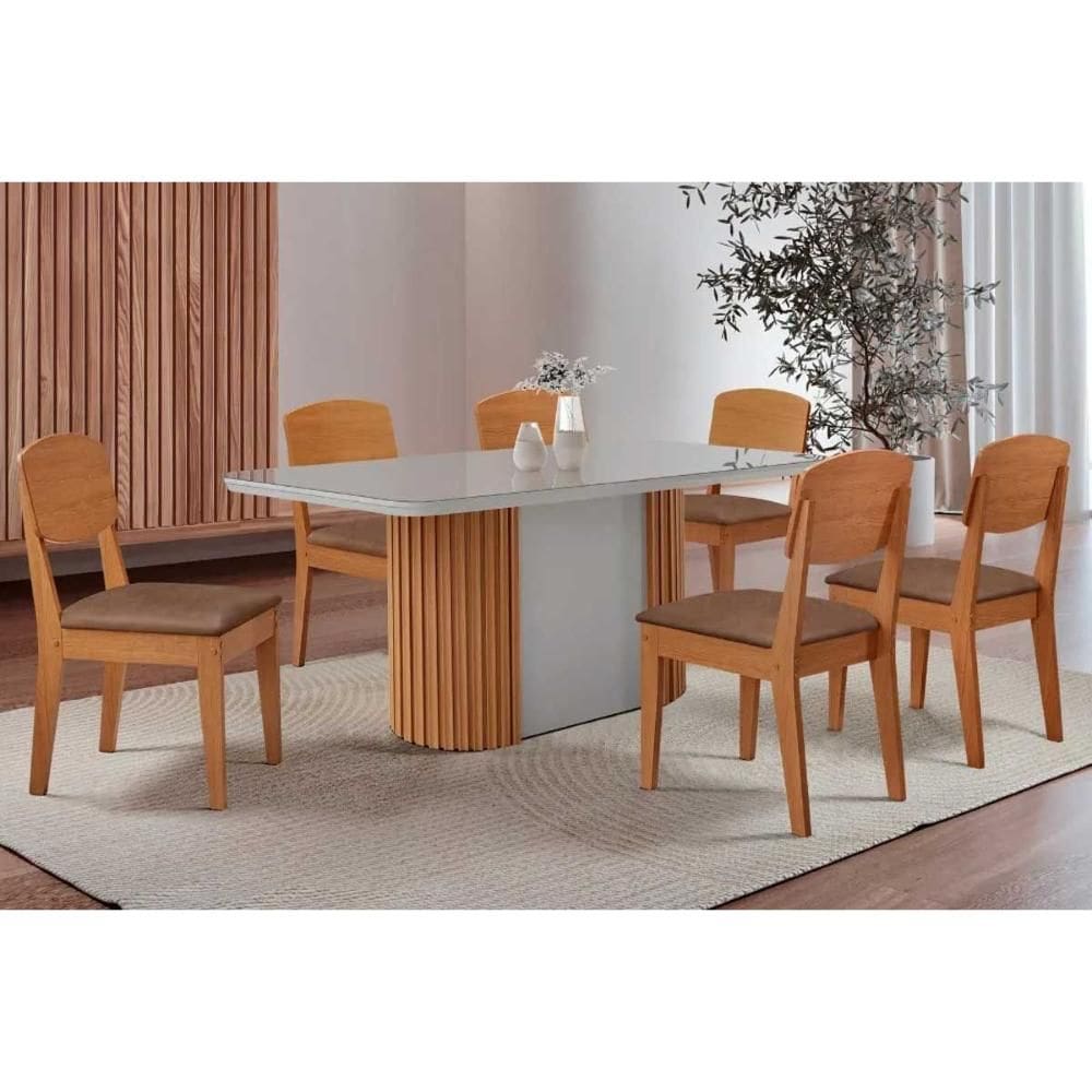Sala de Jantar Completa Pilar c/ Tampo Madeirado c/ Vidro Canto Curvo 180x90cm e 6 Cadeiras Havana Naturale/Off White - Corano Capuccino - Rufato
