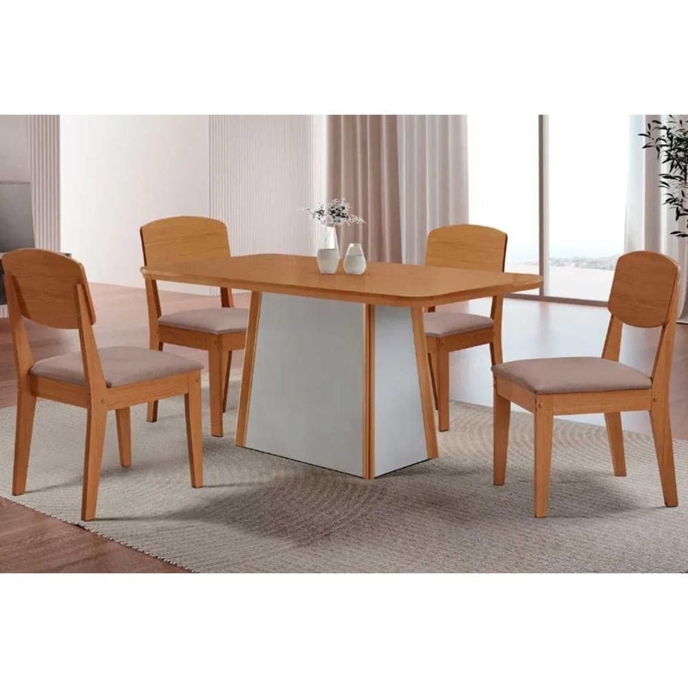 Sala de Jantar Completa Tilia c/ Tampo Madeirado Canto Curvo 120x80cm e 4 Cadeiras Havana Naturale/Off White - Linho Capuccino - Rufato