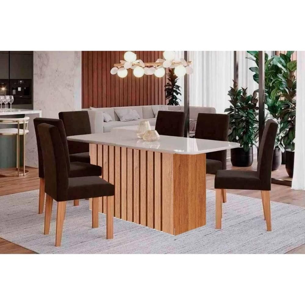 Sala de Jantar Completa Ana Tampo Madeirado c/ Vidro 180x90cm e 6 Cadeiras Maia Cinamomo/Off White - Suede Mascavo Chocolate - Cimol